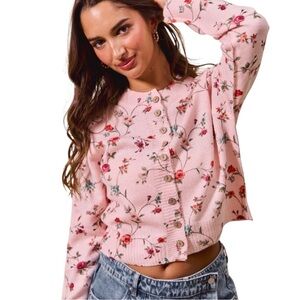 SO ME Floral Print Button Front Sweater Cardigan Top